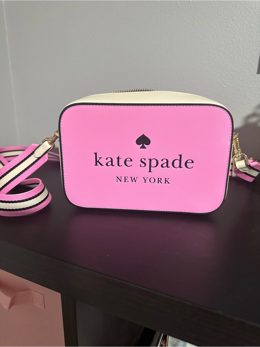 kate spade Pink and Cream Logo Crossbody Bag with Striped Strap